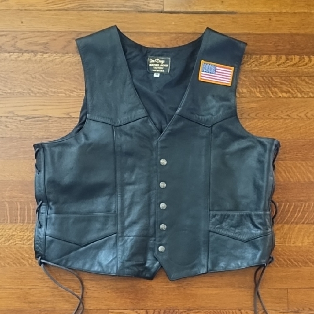 Black Leather Vest with American Flag Patch